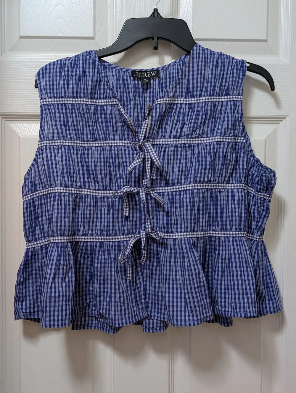 NWT J. Crew Blue Gingham Tie-Front Sleeveless Peplum Top Size Medium M Indigo